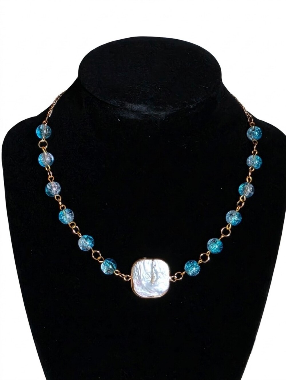 Boho Aqua Blue Crackle Glass & Mother of Pearl Keshi Pearl Necklace Gold Tone